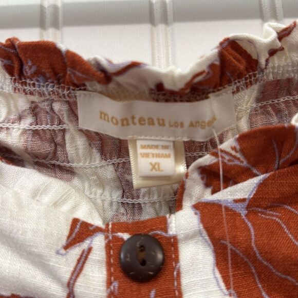 NWT Monteau Burnt Orange White Floral Boho Crop Peasant Button Front Top Blouse - Picture 3 of 5